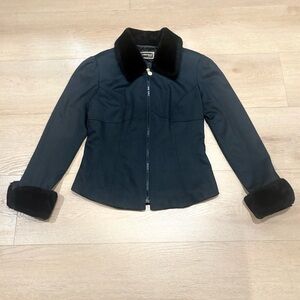 Roccobarocco Black Vintage Lined Jacket w Fur Trim Shoulder Pads and Back Lacing